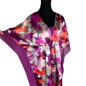 HALSTON Satin Kaftan Dress Cover Up Georgette Trim Resortwear Flowy Small Medium